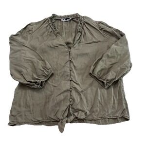 White‎ House Black Market Olive Green Tie Front Blouse Womens Large